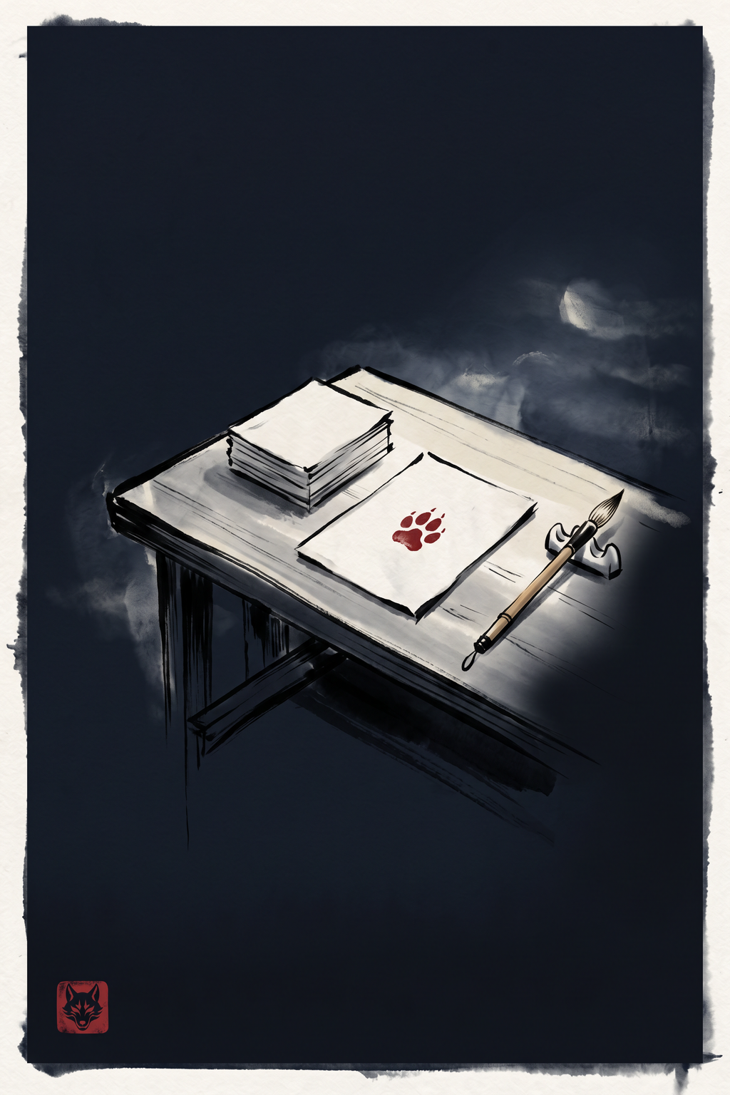 A wolf surveying a quiet courtyard, scrolls stacked at the doorway.