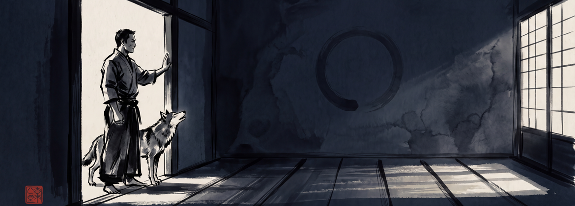 A coach in a dojo doorway, wolf at his side, enso on the back wall.