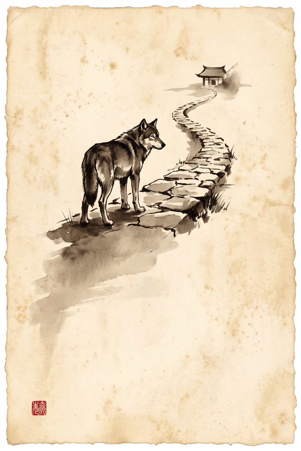 A wolf at the foot of a stone path leading to a distant temple.