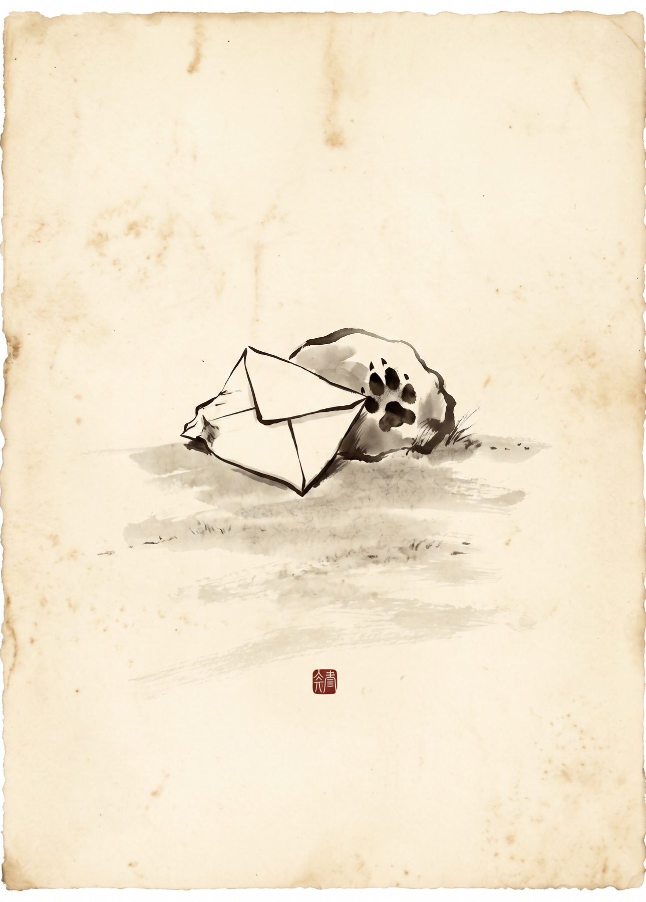 A wolf curled by a paper lantern, an open letter at its paws.