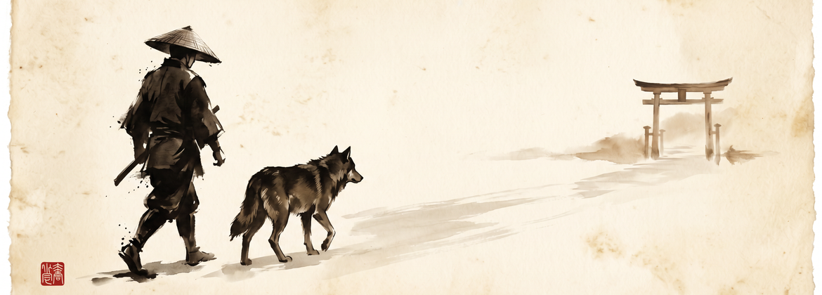 A traveller walking with a wolf toward a distant torii gate.